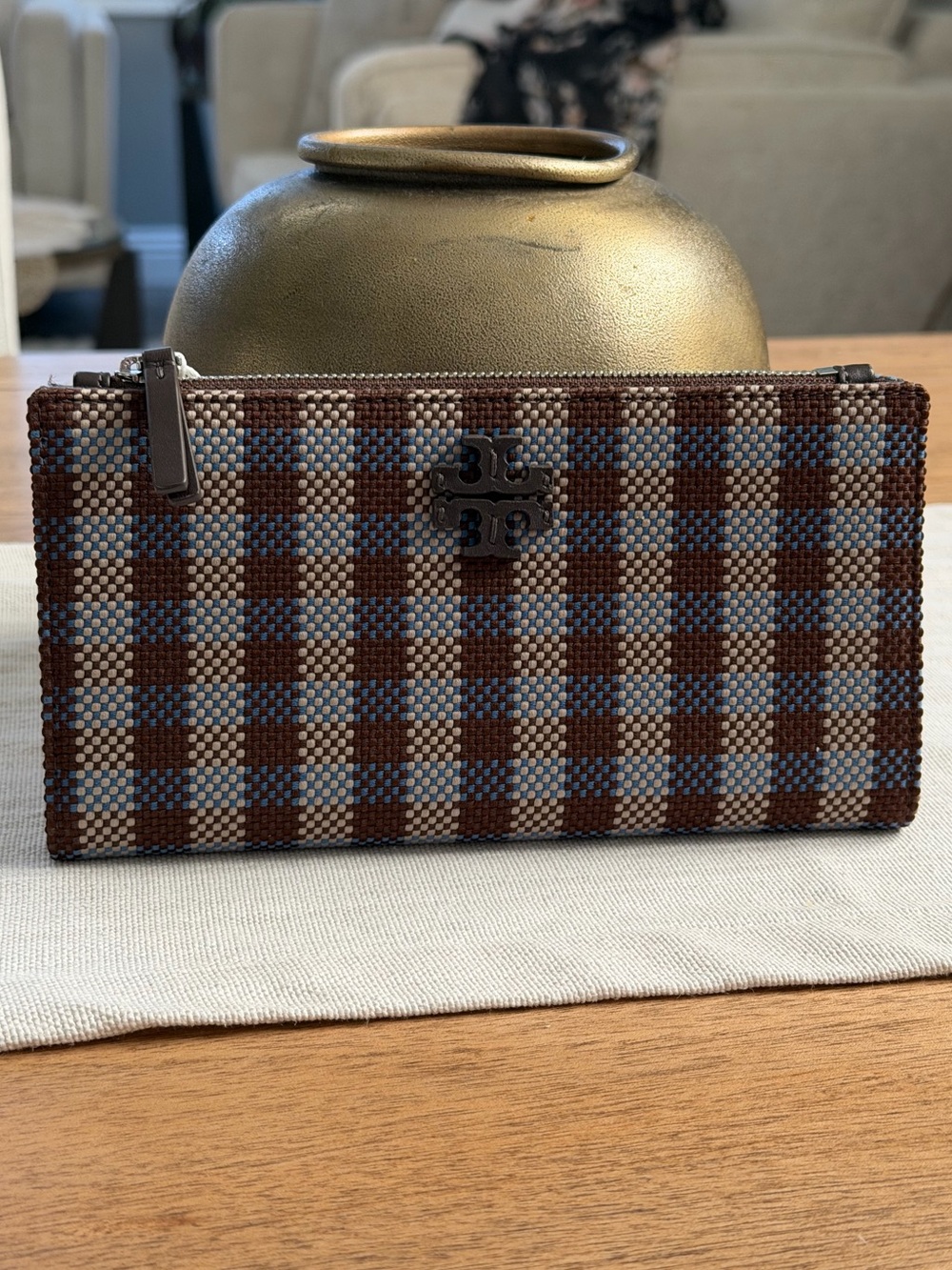 New TORY BURCH BLAKE PLAID SLIM WALLET blue multi
